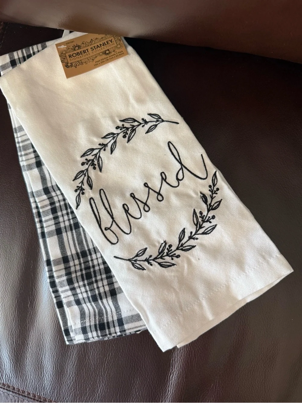Set of 2 NEW dish towels embroidered blessed black and white plaid